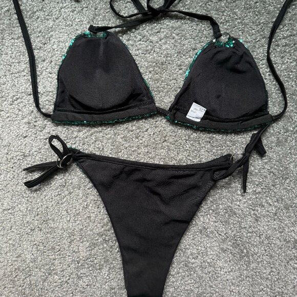 Green Blue Aqua marine Sequin String Bikini 2 Piece - Picture 4 of 4